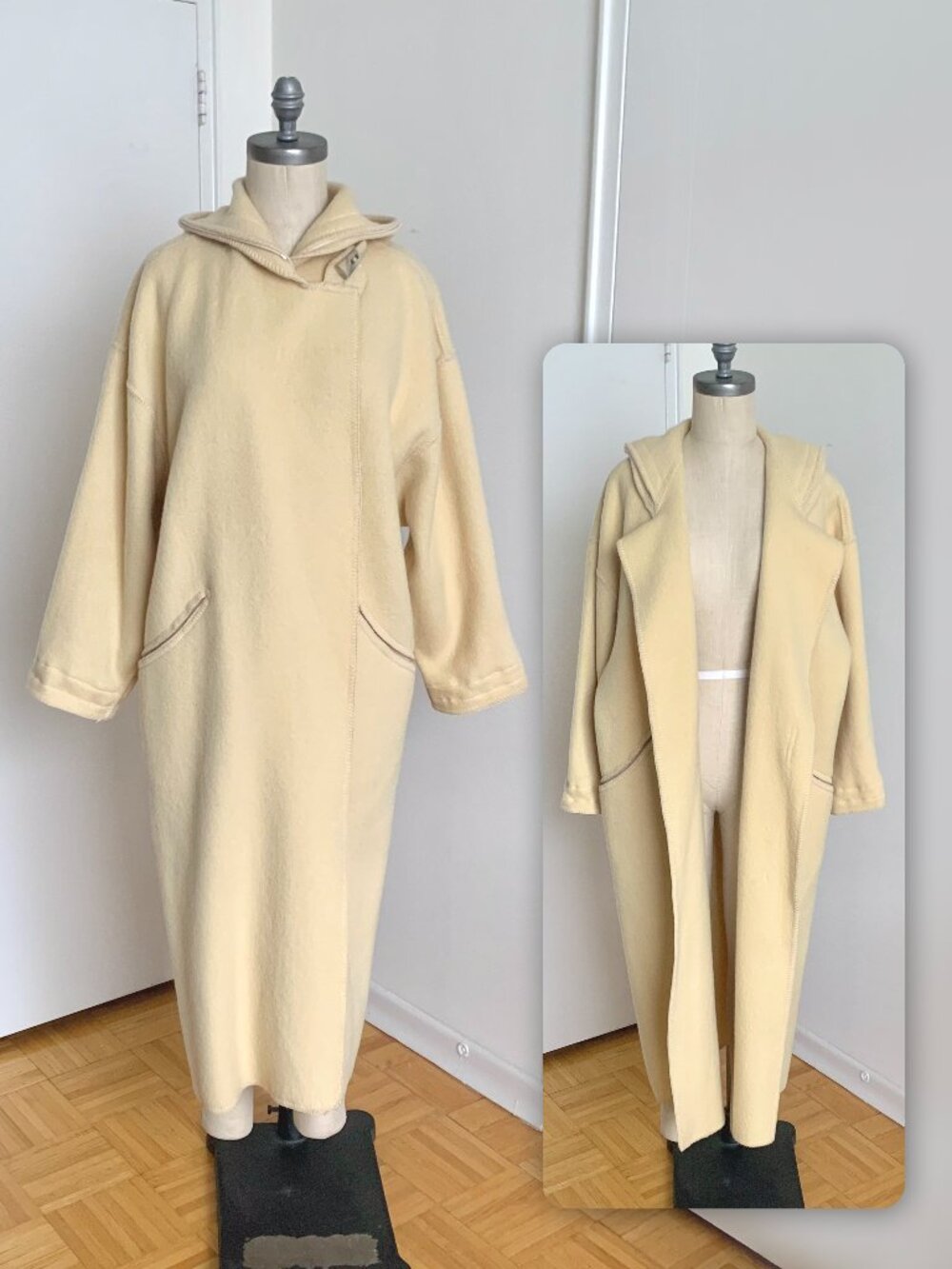 Vintage Linda Lundstrom La Parka Wool 3 in 1 Coat Hood Butter Yellow Faux Fur S
